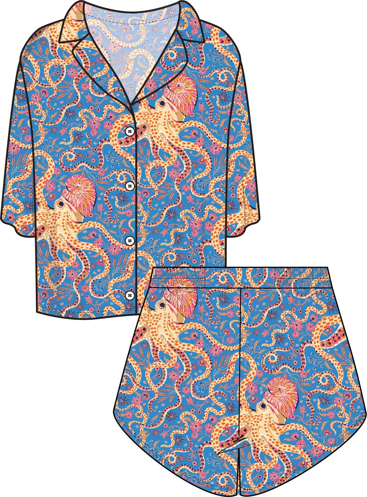 Front product illustration of the Octopus Isle collared button-up top and matching curved-hem shorts