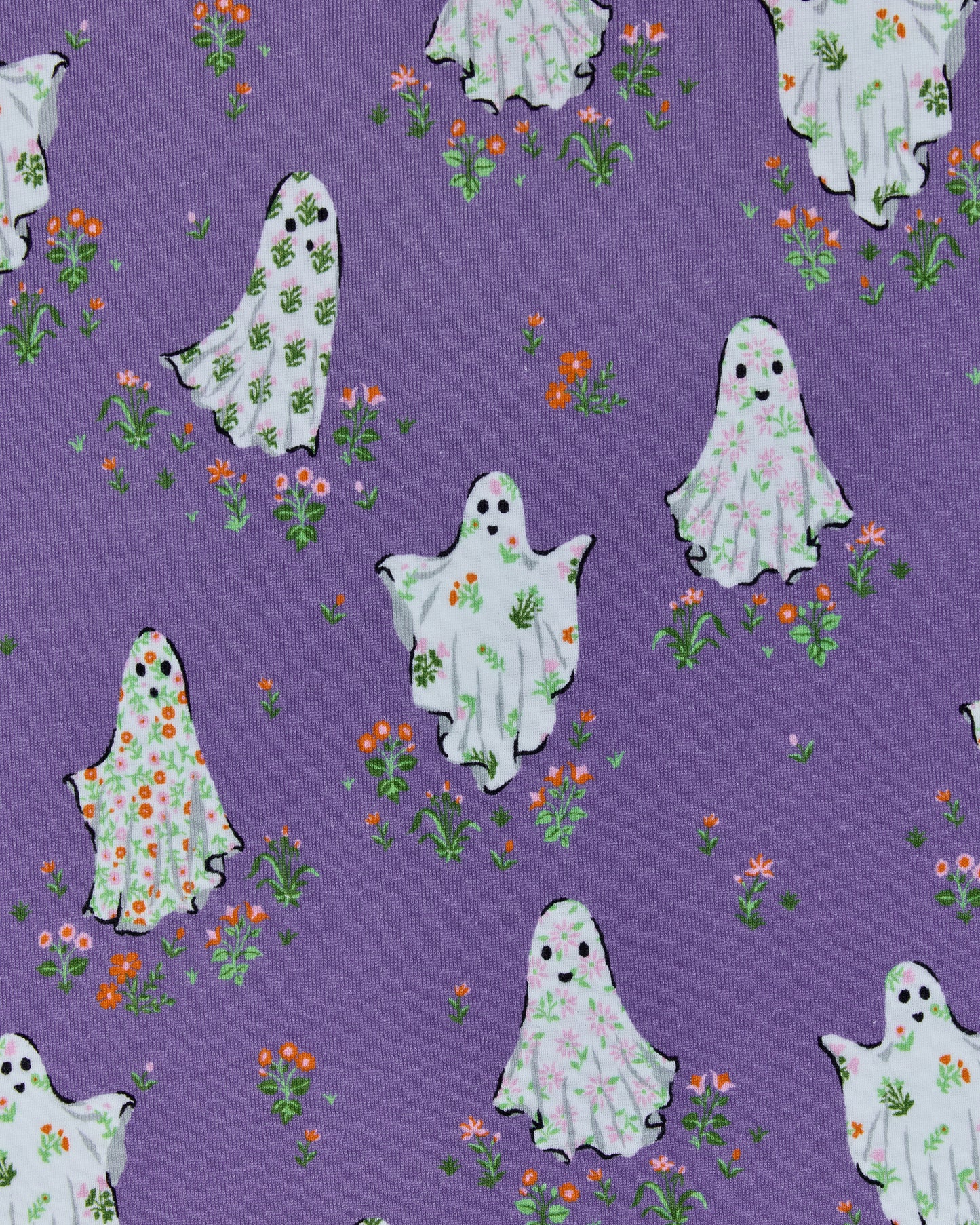 Gardening Ghosts print swatch with white floral-patterned ghosts and orange flowers on an amethyst-purple background.