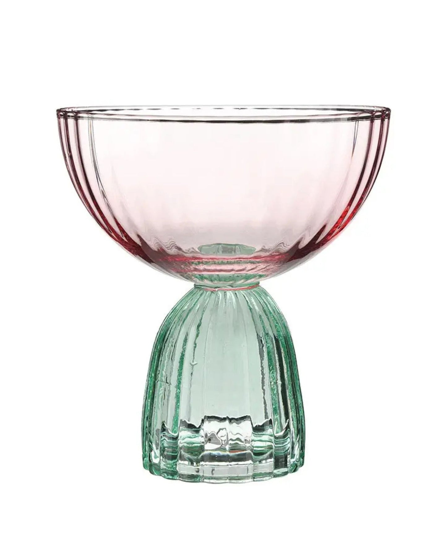 Coupe glass with a clear bowl and a ribbed green stem and base.