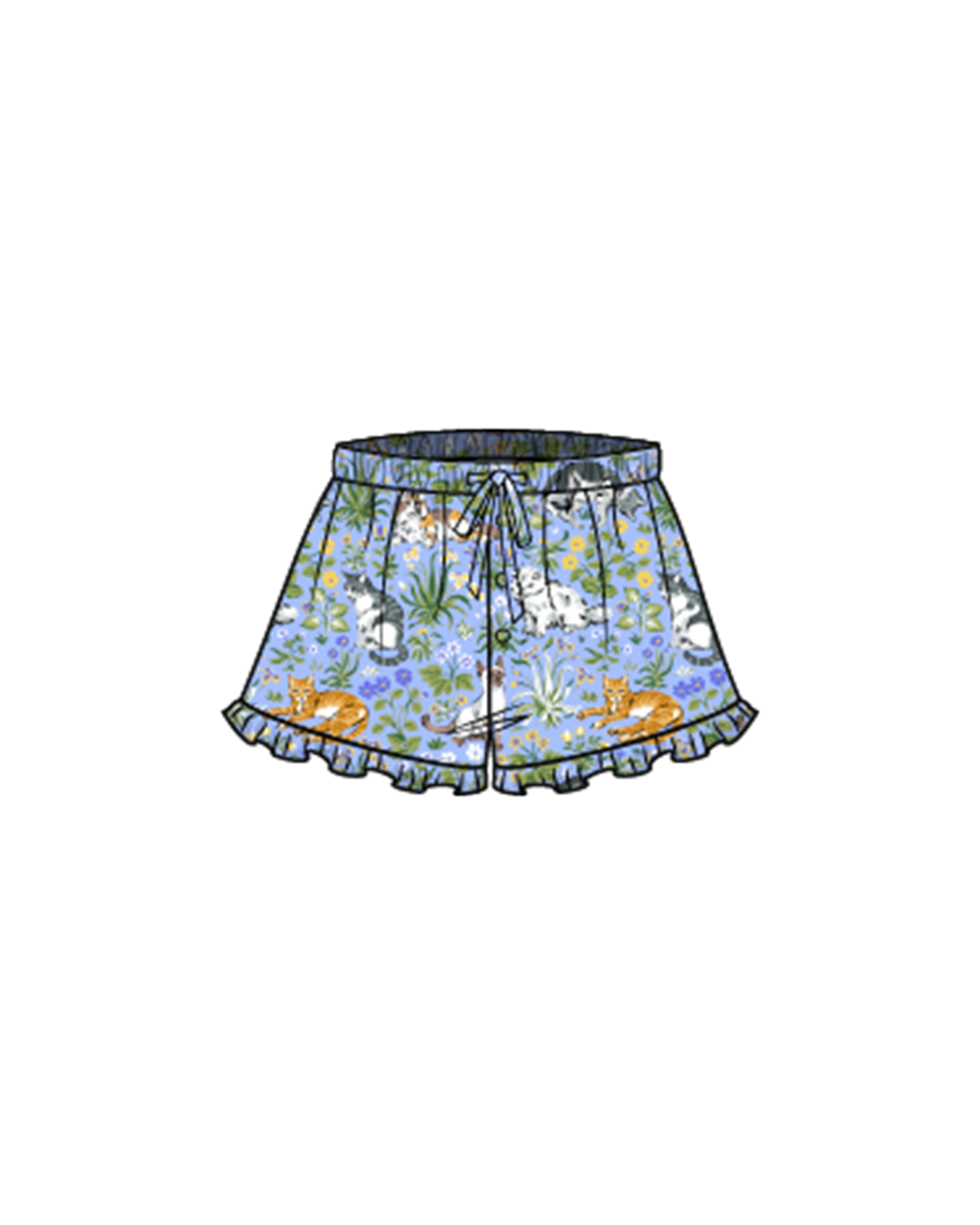 Illustration of cat-print ruffle shorts with an elastic drawstring waist