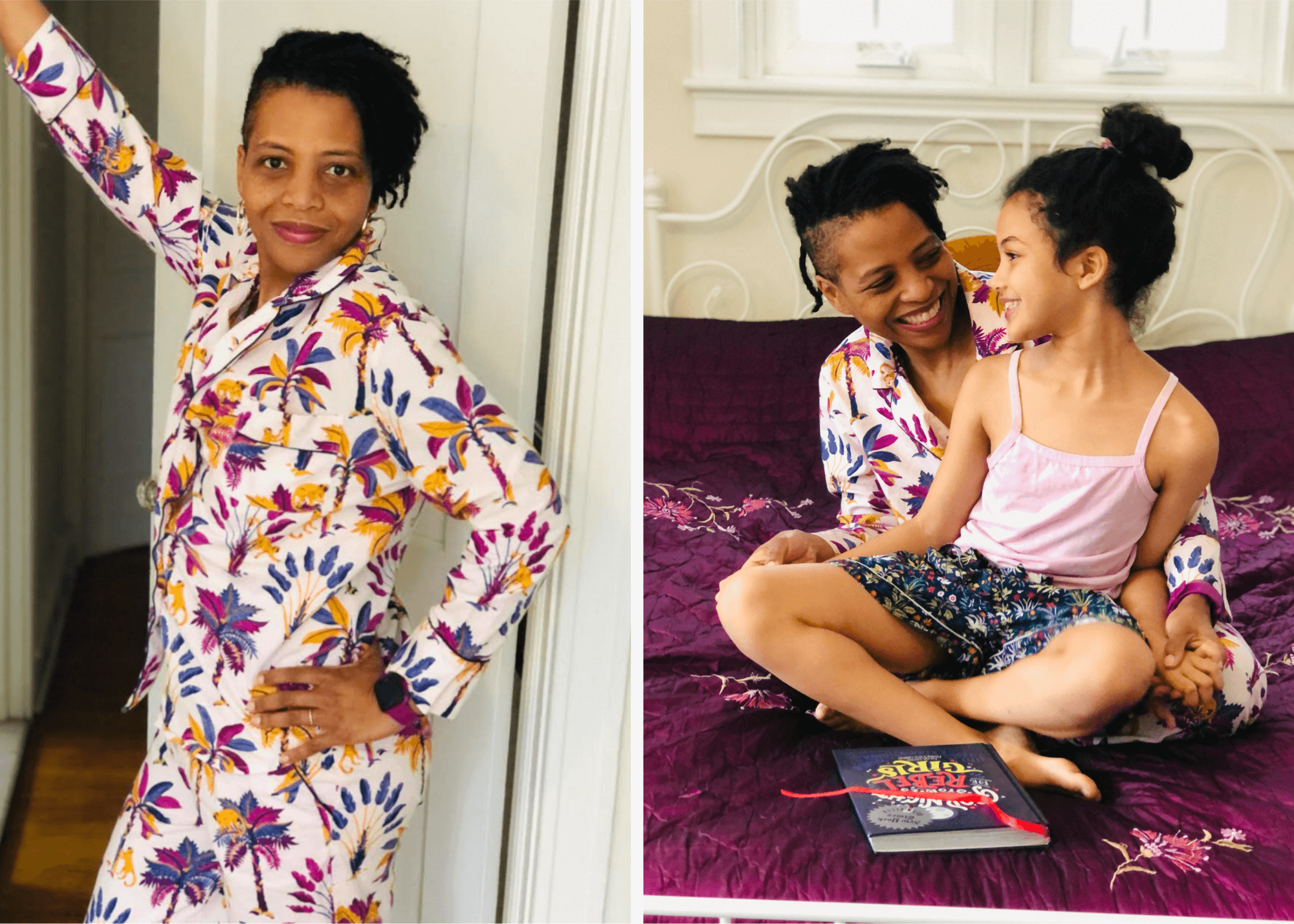 Lori wears <u><a href="https://printfresh.mom/collections/royal-palms/products/royal-palms-long-sleep-set-amethyst" target="_blank">Royal Palms Long Set in Amethyst</a></u>