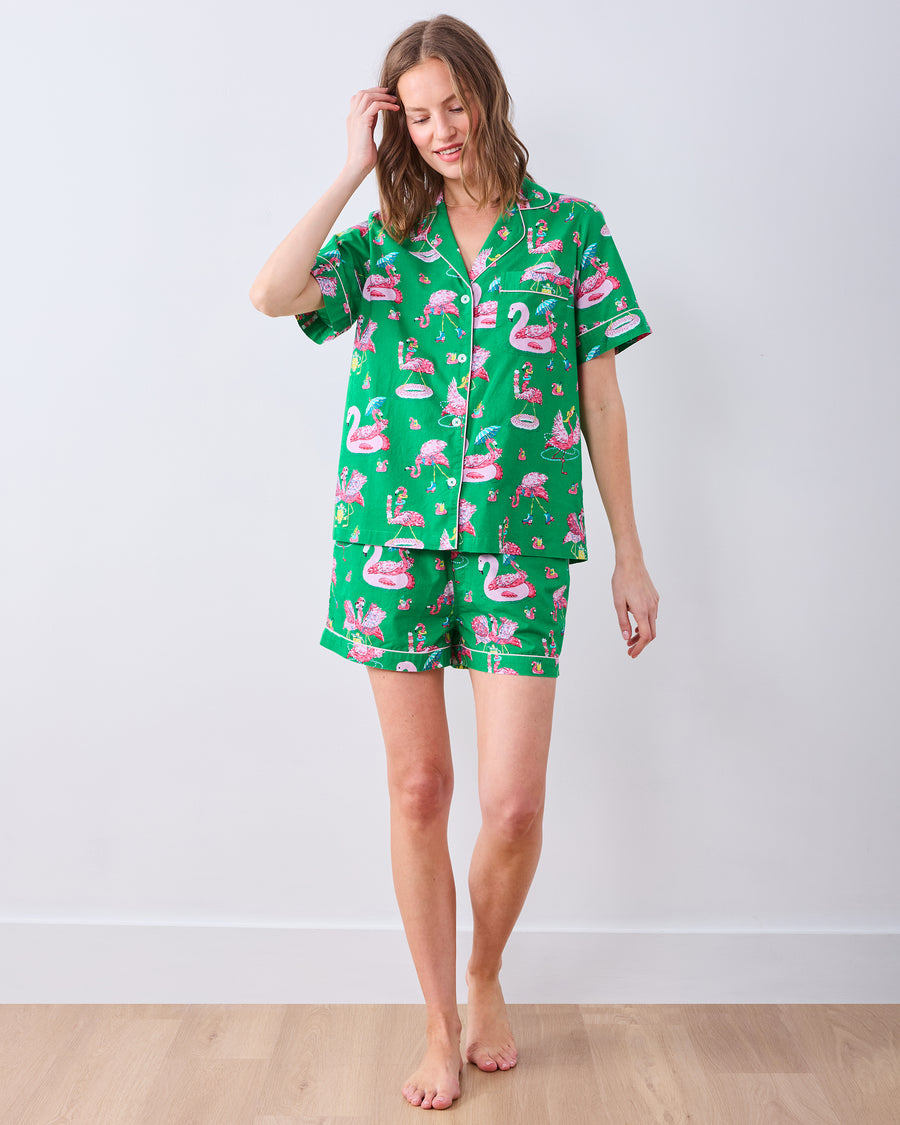 Full front view of the Palm Frond short pajama set with button-down top and matching shorts