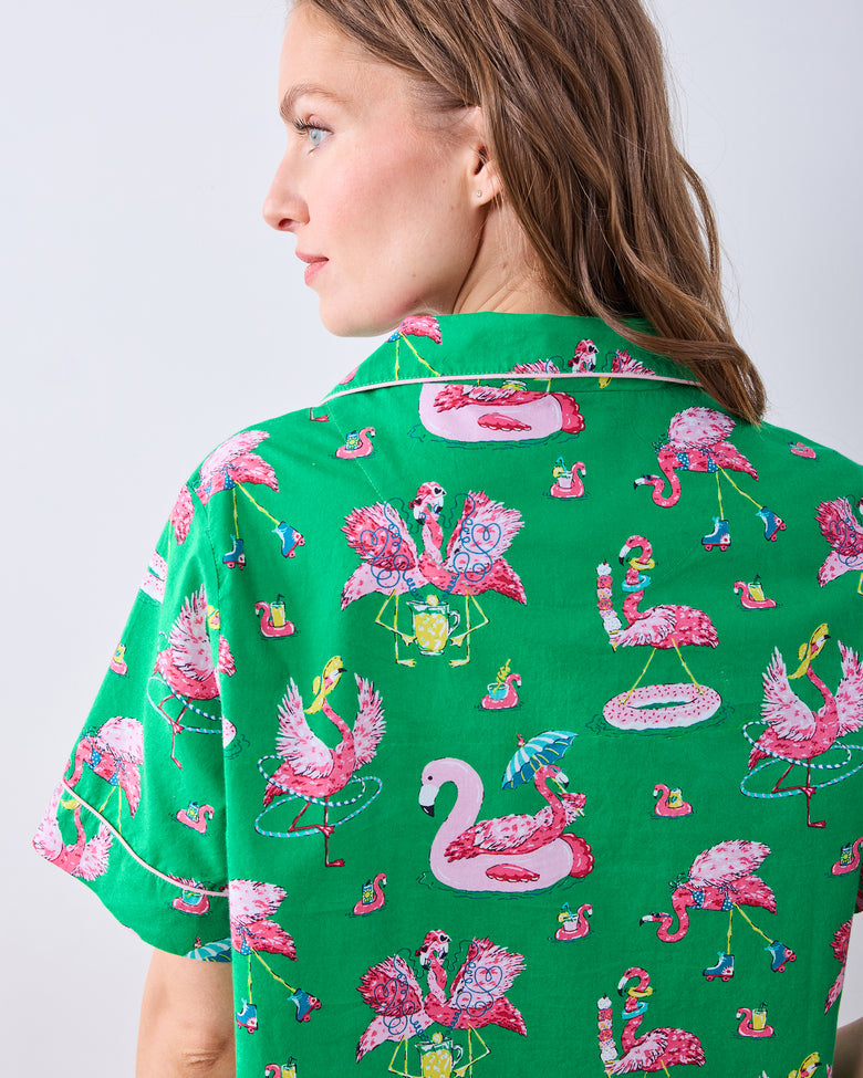 Close-up rear view of the Palm Frond pajama top showing the collar, piping, and flamingo print