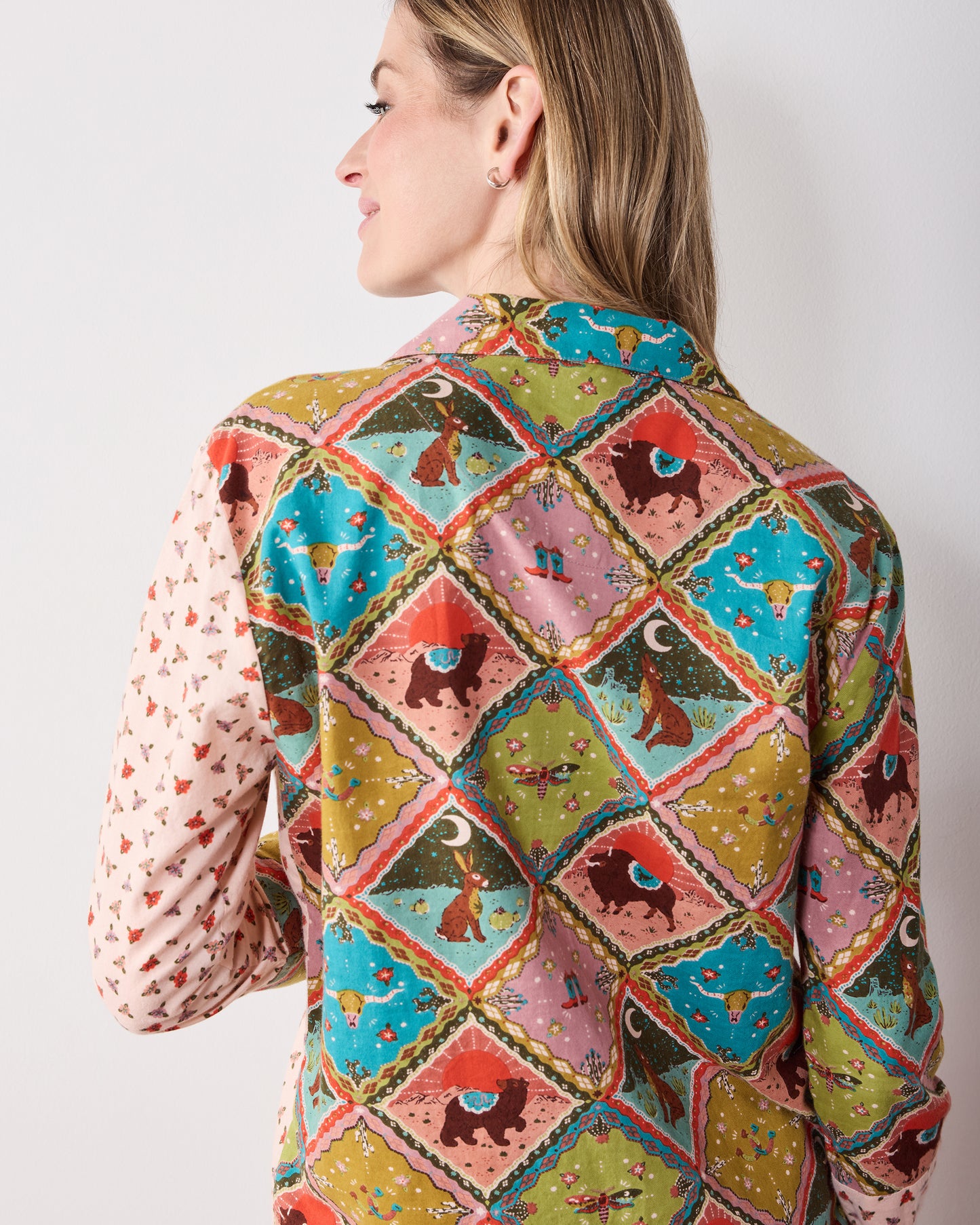 Close back view of the Western Scenes Reese boxer set, showing the patchwork print across the shirt.