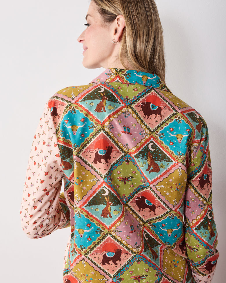 Close back view of the Western Scenes Reese boxer set, showing the patchwork print across the shirt.