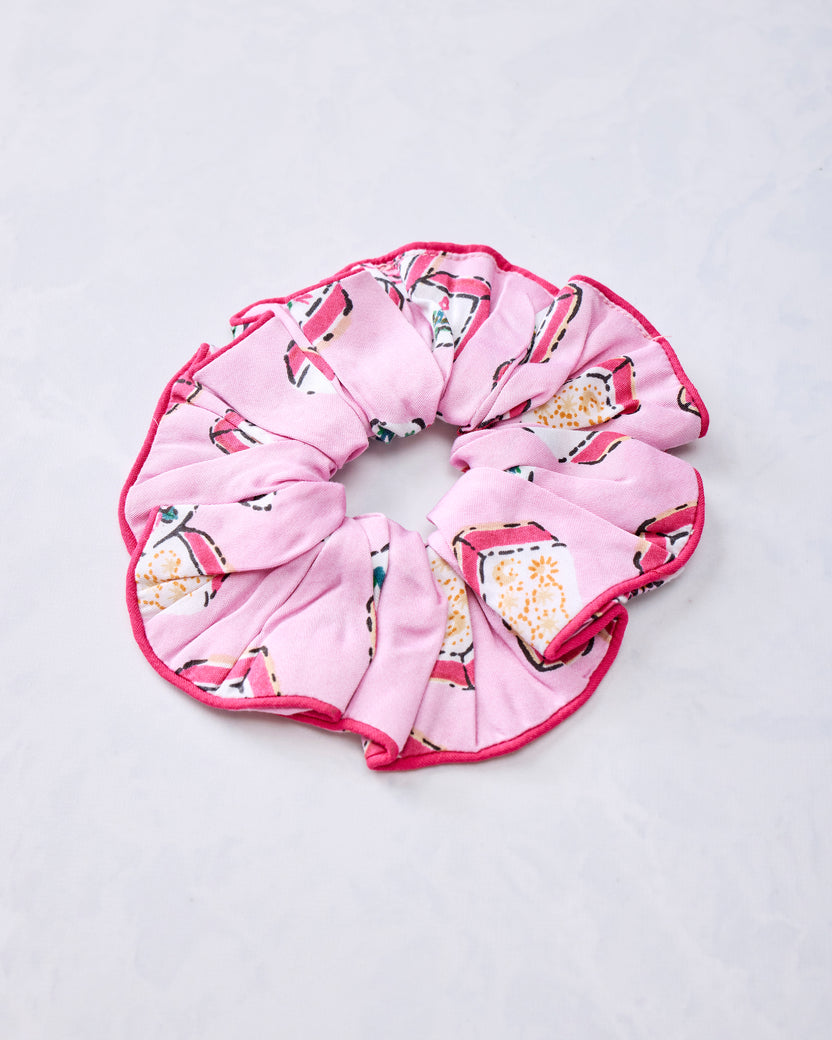 Peony pink scrunchie with multicolored Mah Jongg tile print and pink edging