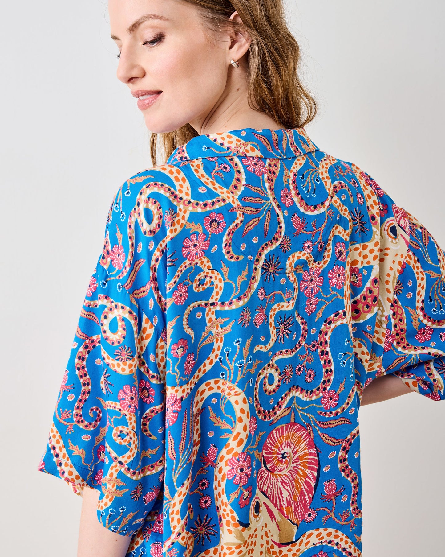 Close-up back view of the Octopus Isle pajama top and its octopus-and-shell print