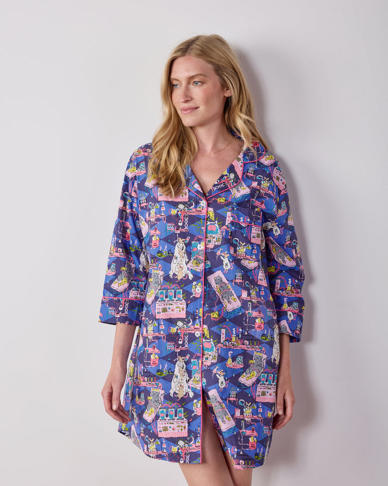 Front view of the It's Alive button-front sleep shirt with a colorful mouse laboratory print and three-quarter sleeves.