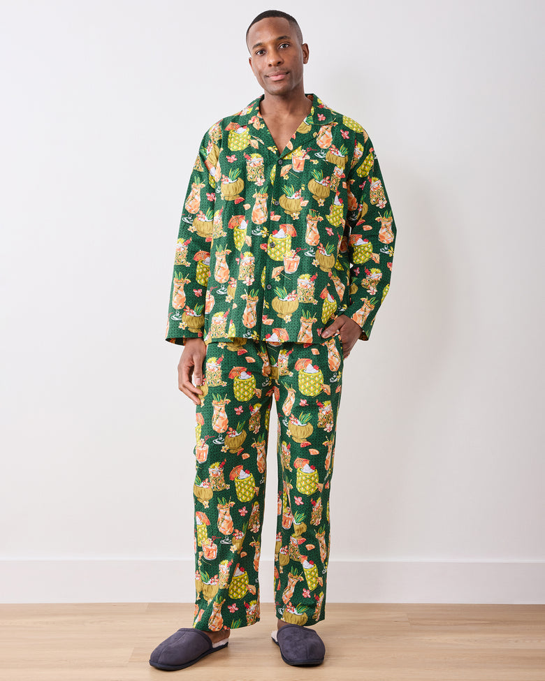 Full front view of the green long pajama set with a tropical drink print