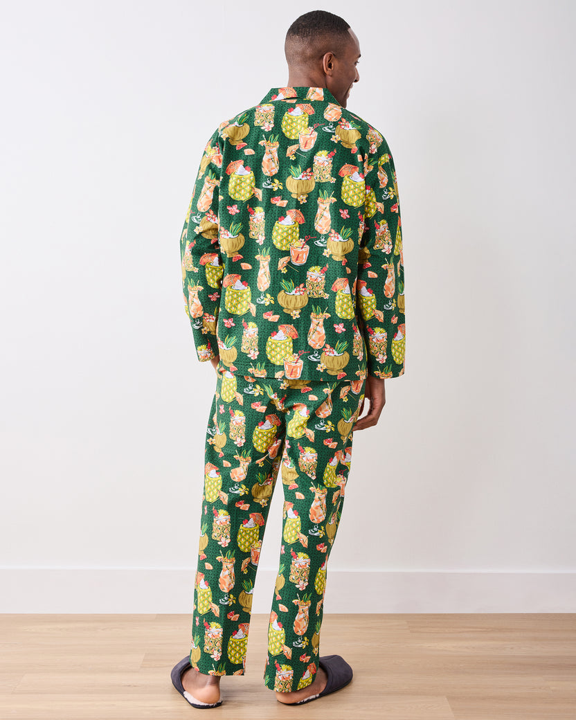 Full back view of the green long pajama set with a tropical drink print