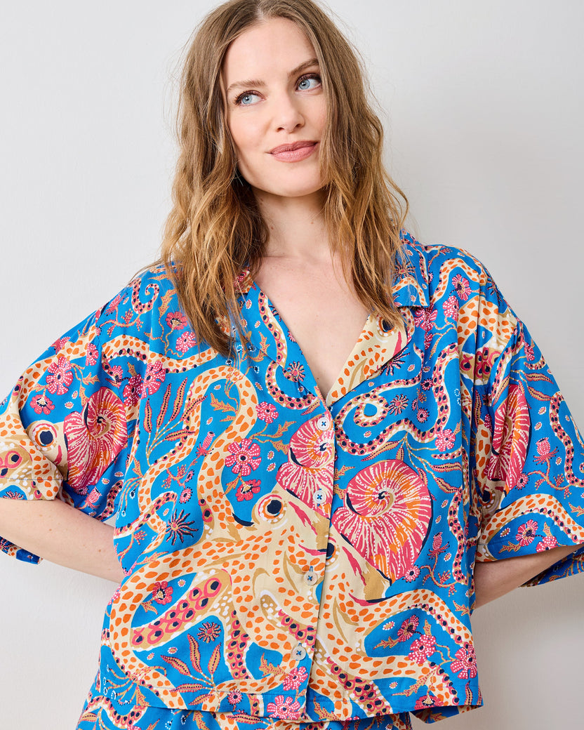 Close-up front view of the Octopus Isle pajama top, showing its collar, buttons, and octopus print