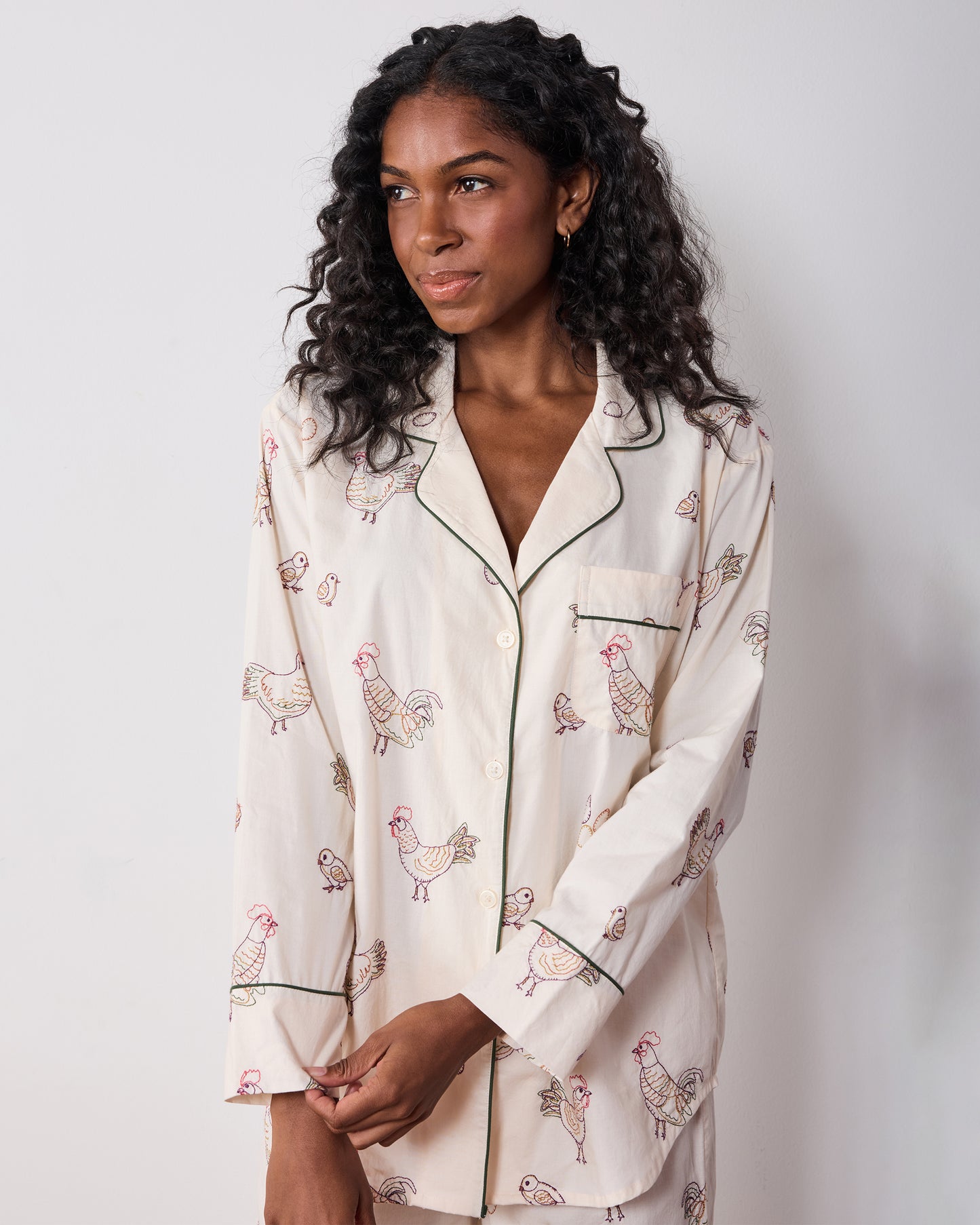 Embroidered Hens - Tall Long PJ Set - Buff