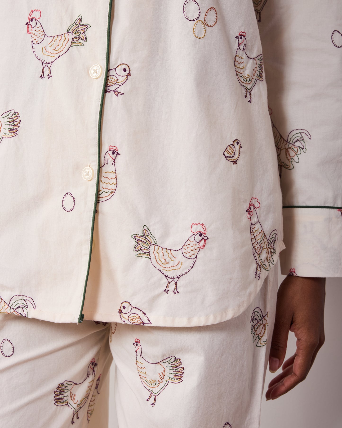 Embroidered Hens - Tall Long PJ Set - Buff