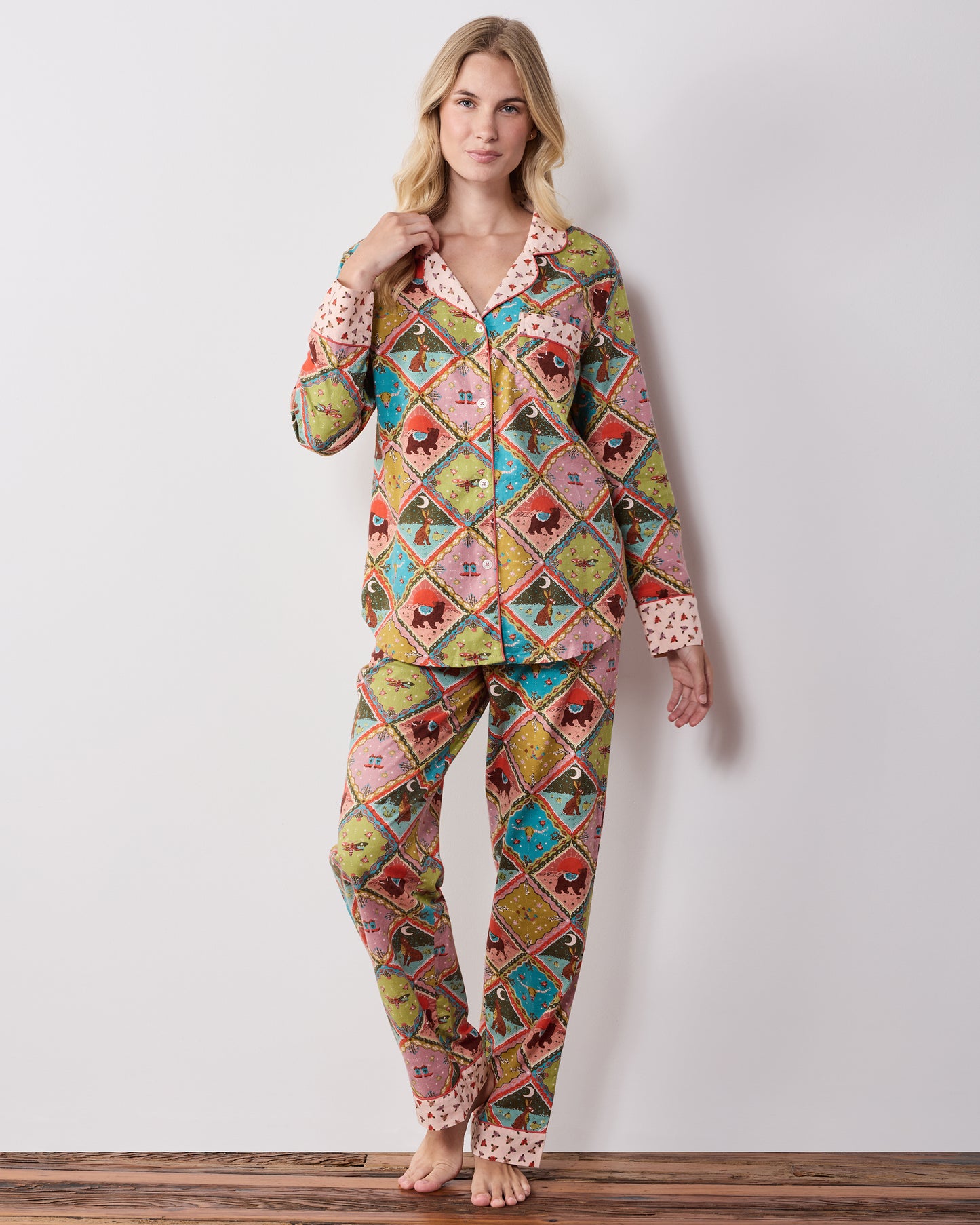 Full-length front view of the Western Scenes long pajama set, showing the matching button-front shirt and pants with contrasting cuffs and waistband.