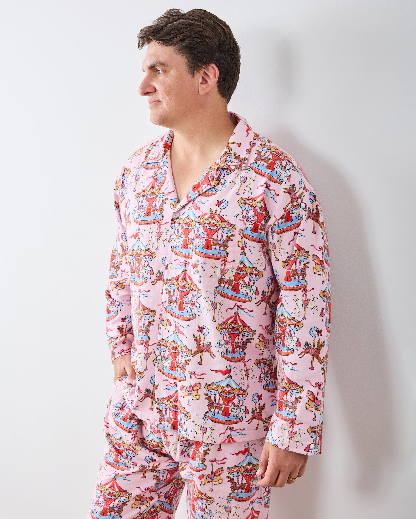 Christmas Carousel - Men's Midweight Flannel Long PJ Set - Pink Garland - Printfresh