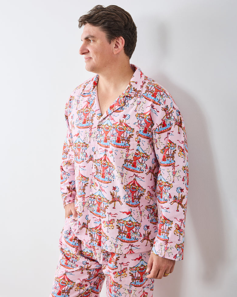 Christmas Carousel - Men's Midweight Flannel Long PJ Set - Pink Garland - Printfresh