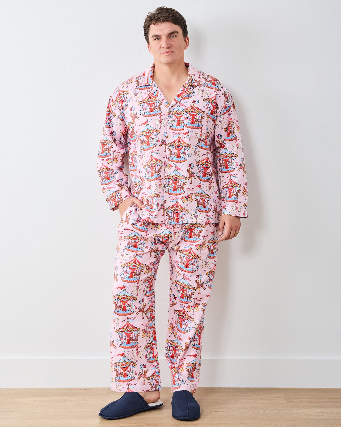 Christmas Carousel - Men's Midweight Flannel Long PJ Set - Pink Garland - Printfresh