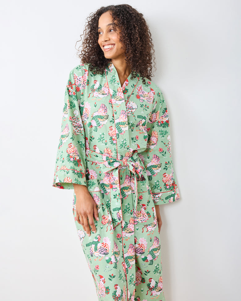 Front view of the sage Holiday Hens robe with a tied belt and front pockets