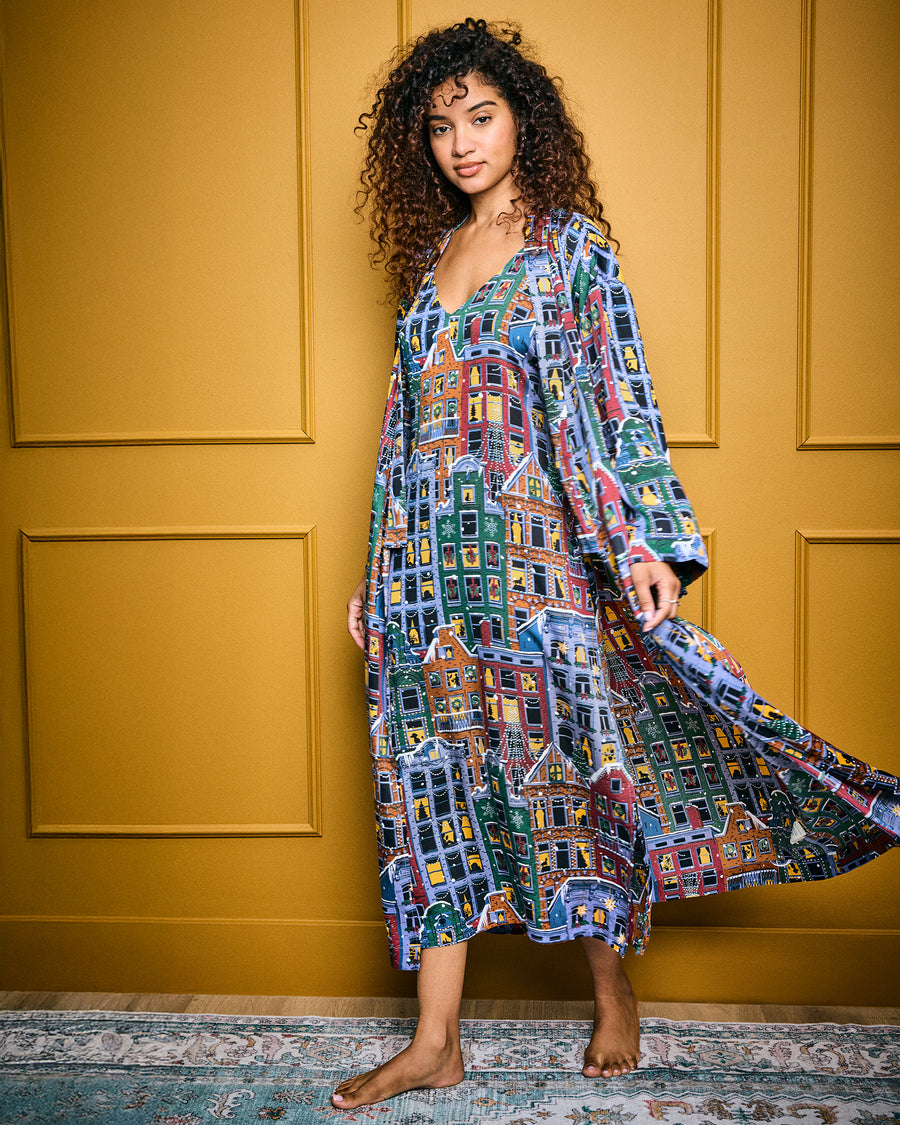 Manhattan Christmas - Eco Satin Chic To Sleep Nightie - Cozy Brownstone - Printfresh