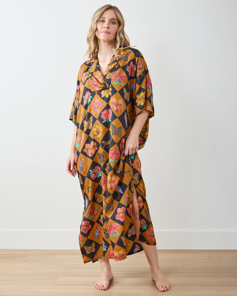 Botanical Checkerboard - Eco Satin Brigitte Nightgown Set - Caramel - Printfresh