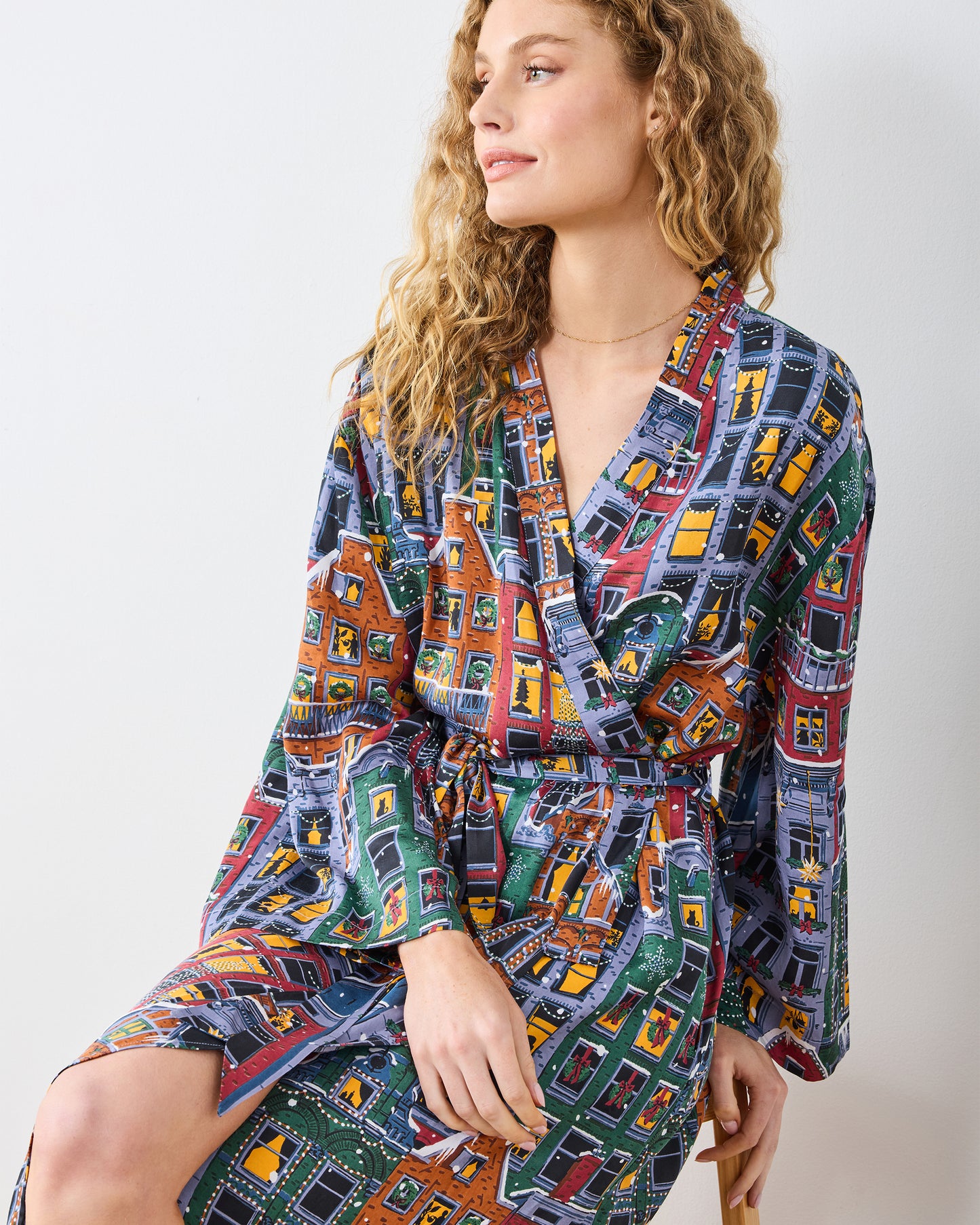 Manhattan Christmas - Eco Satin Joni Robe - Cozy Brownstone - Printfresh