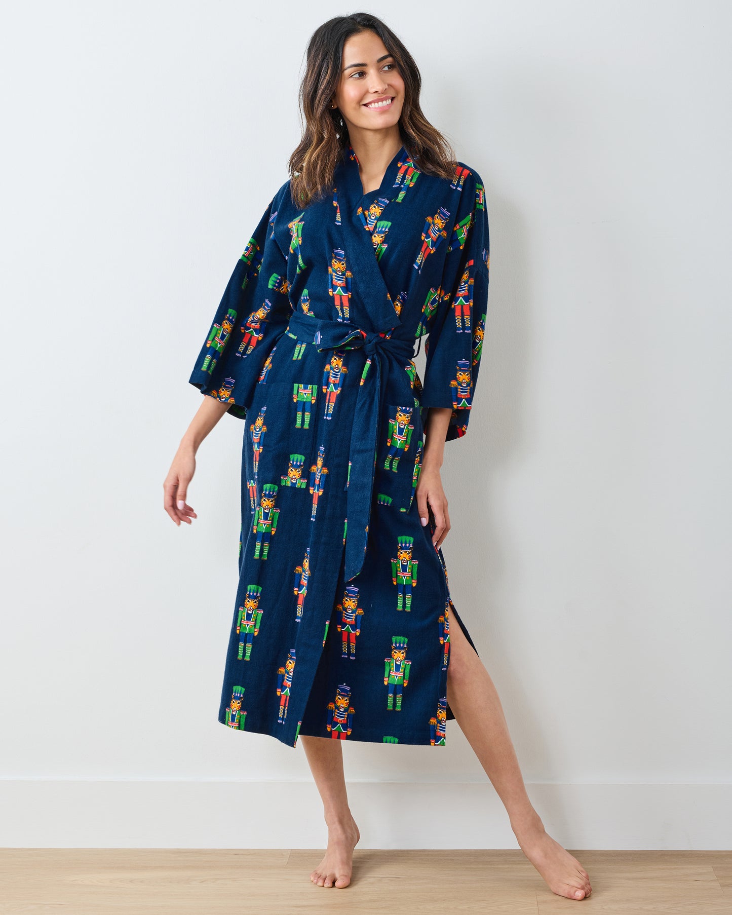 Leopard Nutcrackers - Midweight Flannel Long Robe - Navy - Printfresh