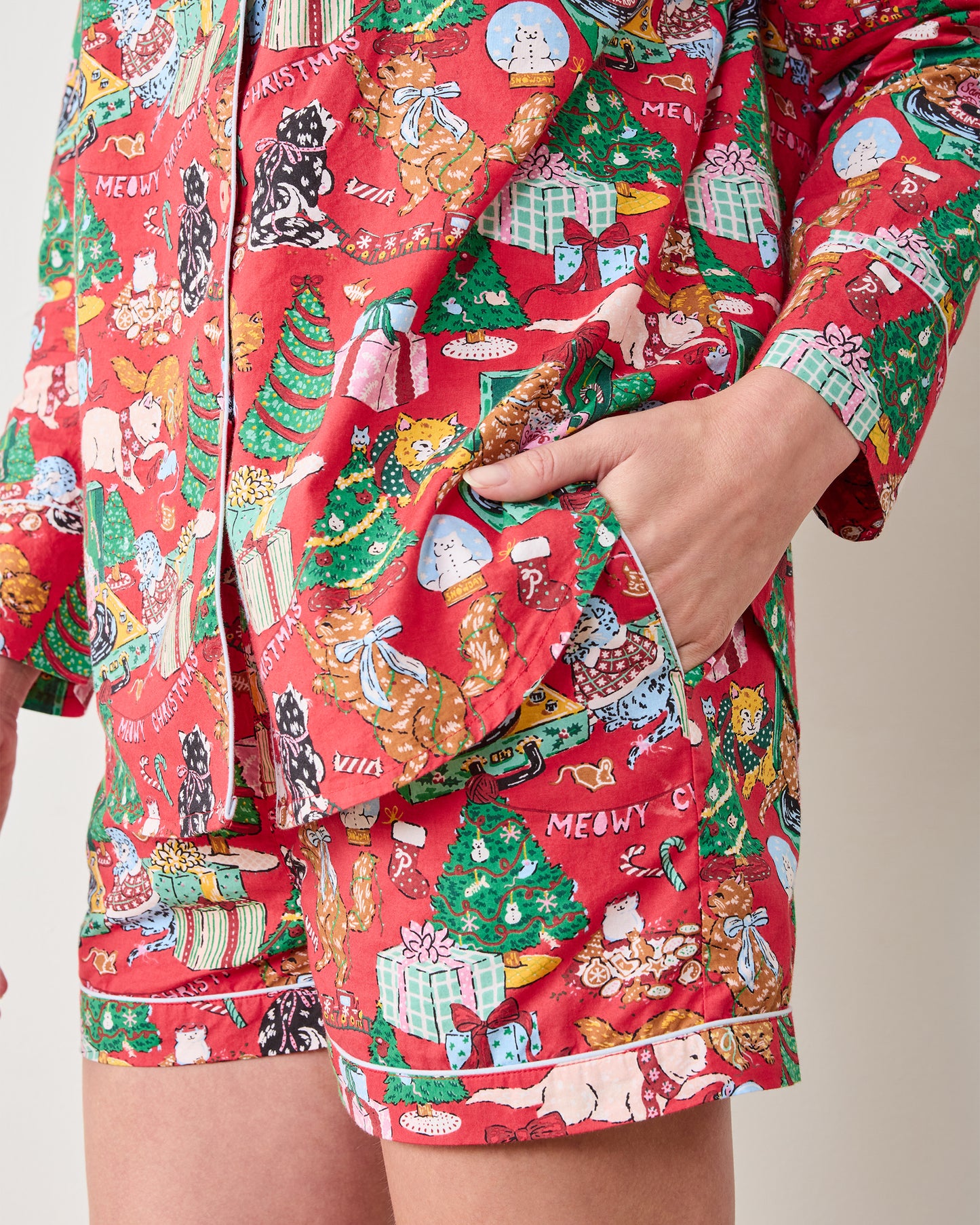 Meowy Christmas - Long Sleeve Top & Shorts Set - Red Bow - Printfresh