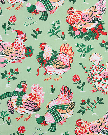 Sage Holiday Hens print with decorated chickens, flowers, greenery, and wrapped gifts