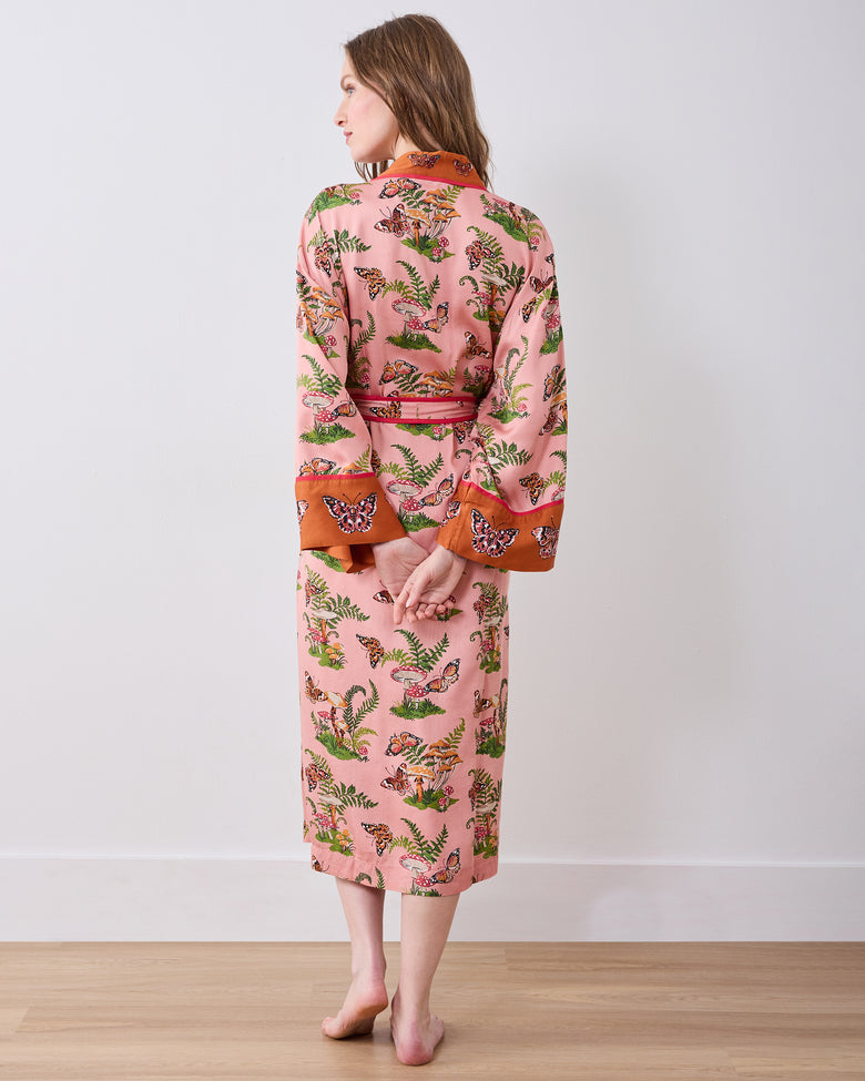 Back view of the long rosewood Butterfly Forager robe with a matching belt and contrasting cuffs.