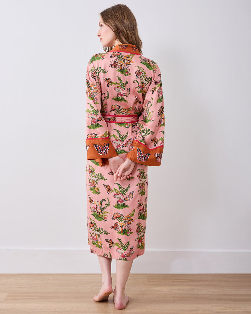 Back view of the long rosewood Butterfly Forager robe with a matching belt and contrasting cuffs.