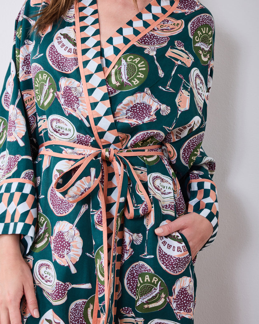 Champagne & Caviar - Eco Satin Robe - Peacock Feather