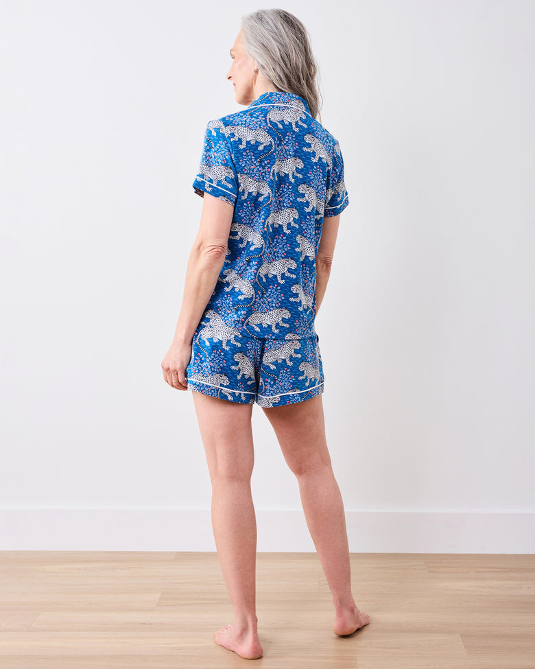 Back full-length view of the indigo leopard-print short pajama set