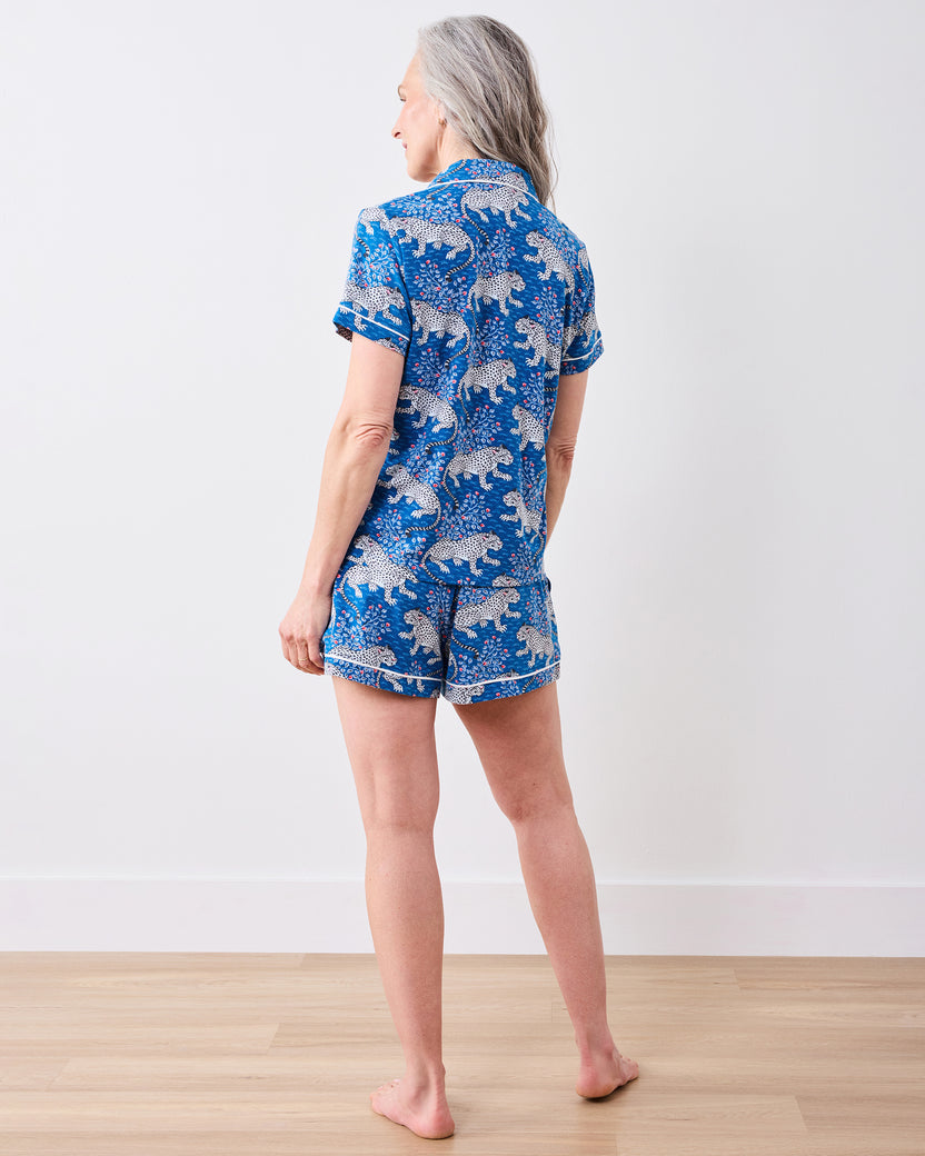 Back full-length view of the indigo leopard-print short pajama set