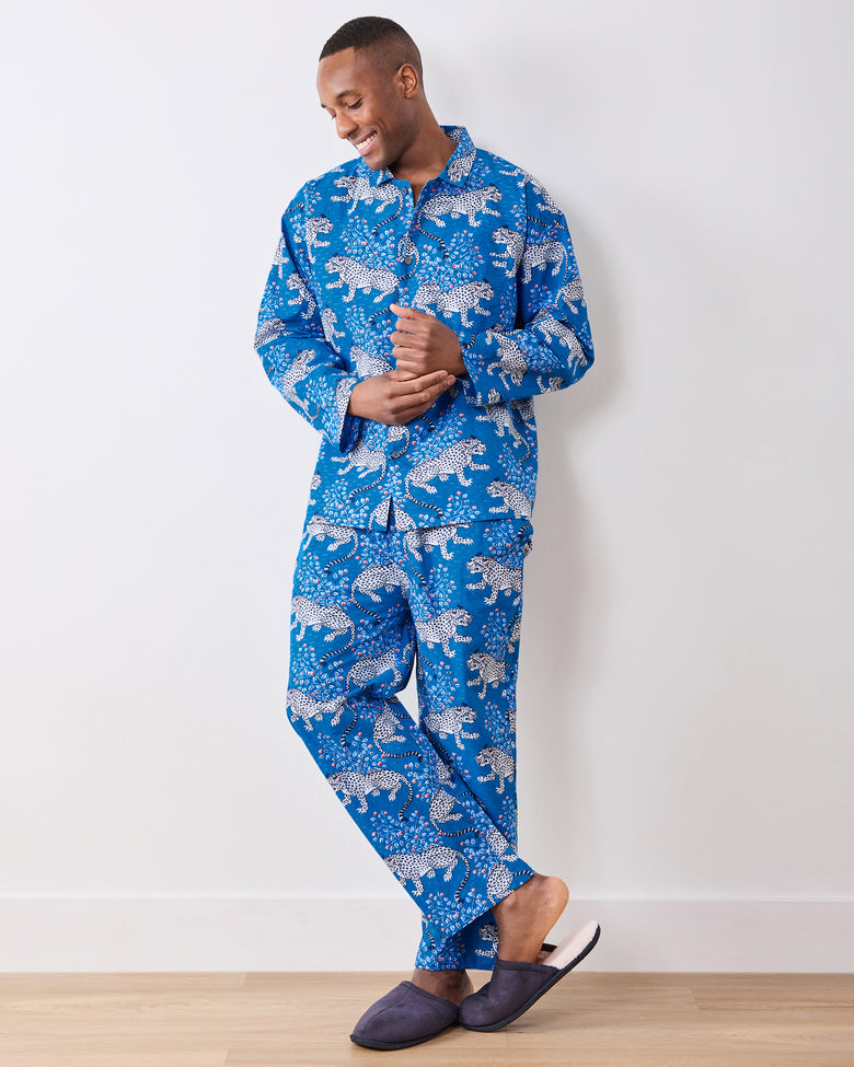 Full front view of the indigo long pajama set worn with slippers