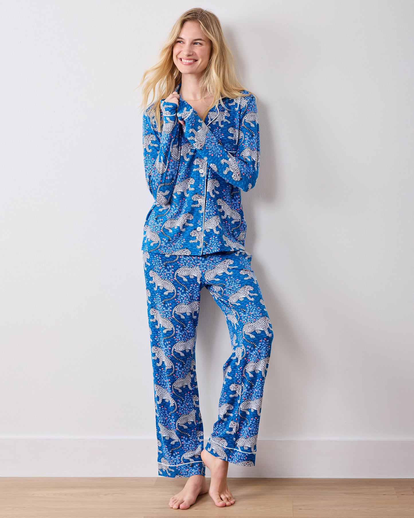 Front full-length view of the indigo leopard-print long pajama set