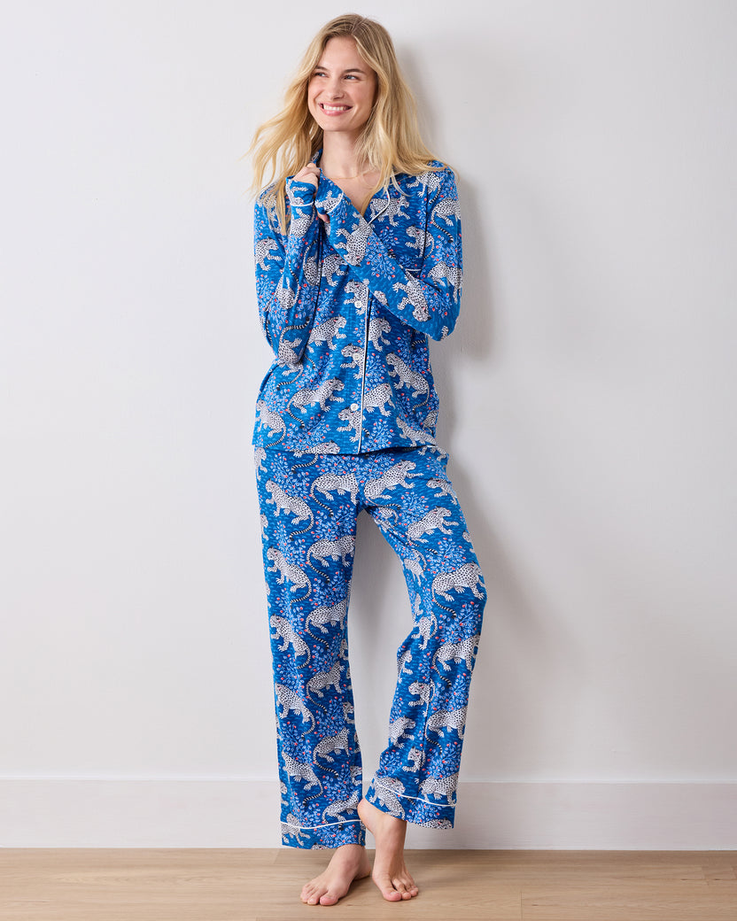 Front full-length view of the indigo leopard-print long pajama set