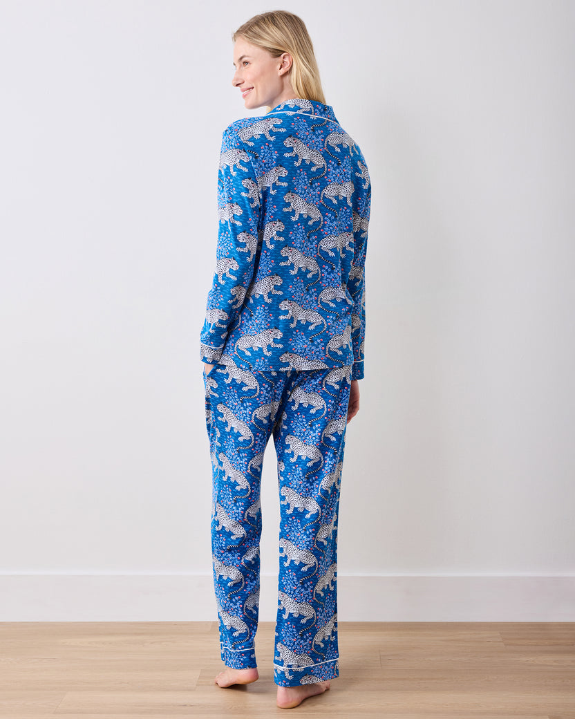 Back full-length view of the indigo leopard-print long pajama set