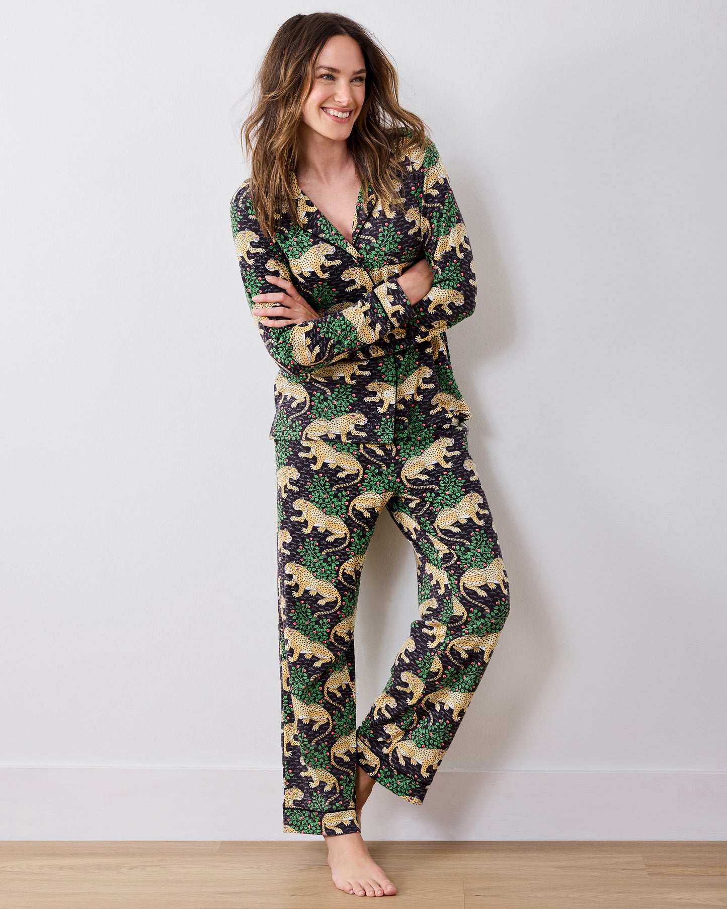 Person modeling the Bagheera long pajama set from the front, with a long-sleeved button-front shirt and matching pants.