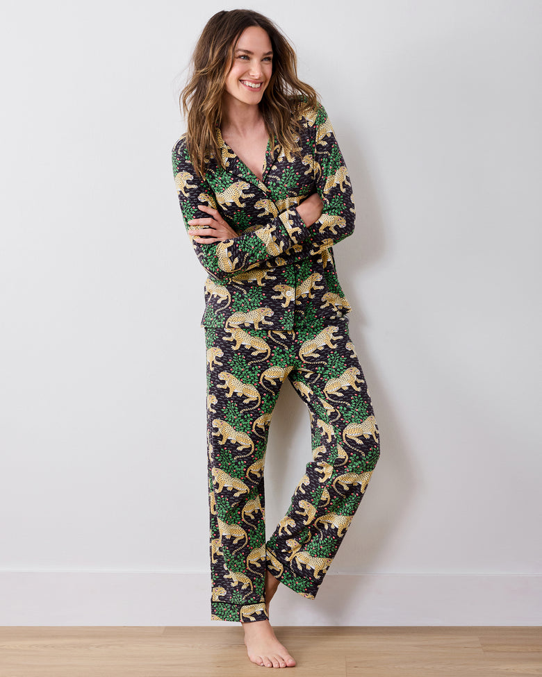 Person modeling the Bagheera long pajama set from the front, with a long-sleeved button-front shirt and matching pants.