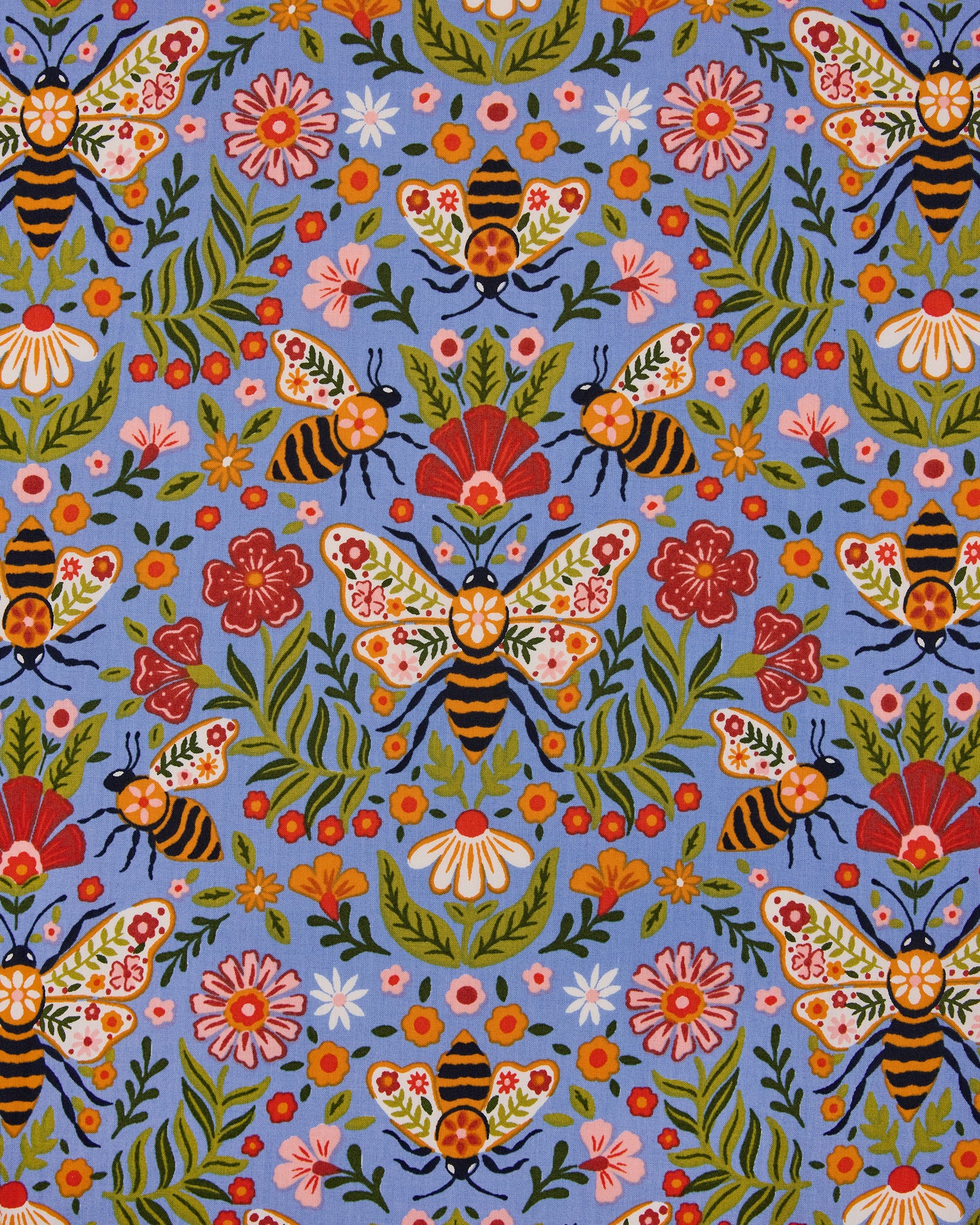 Close-up of the Delphinium Blue Bee Tapestry print, featuring illustrated bees, flowers, leaves, and tapestry-style wing patterns.