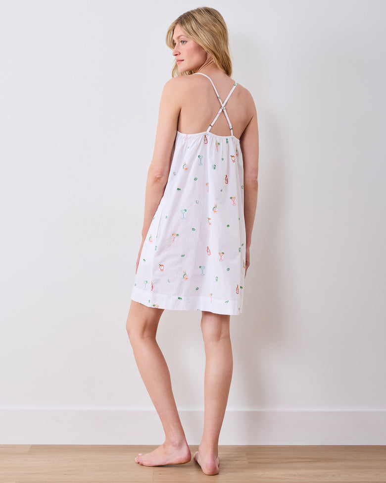 Back view of the Embroidered Tequila Sunrise cami nightgown, showing adjustable crossover straps and cocktail-themed embroidery.