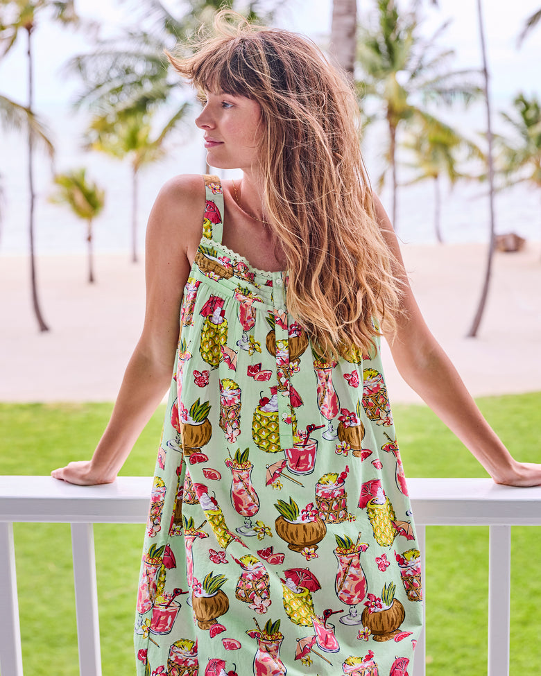 Front detail of the Mojito nightgown showing its straps, gathered neckline, and button front