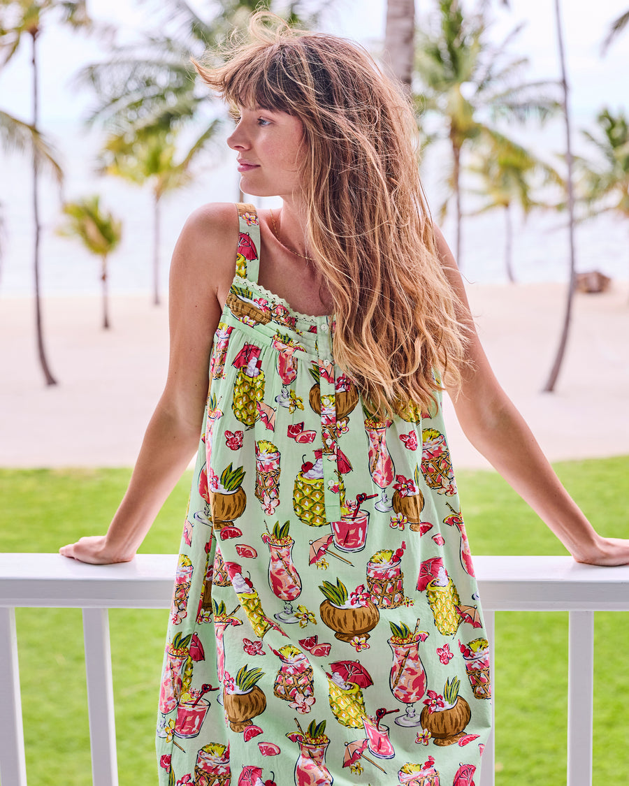 Front detail of the Mojito nightgown showing its straps, gathered neckline, and button front