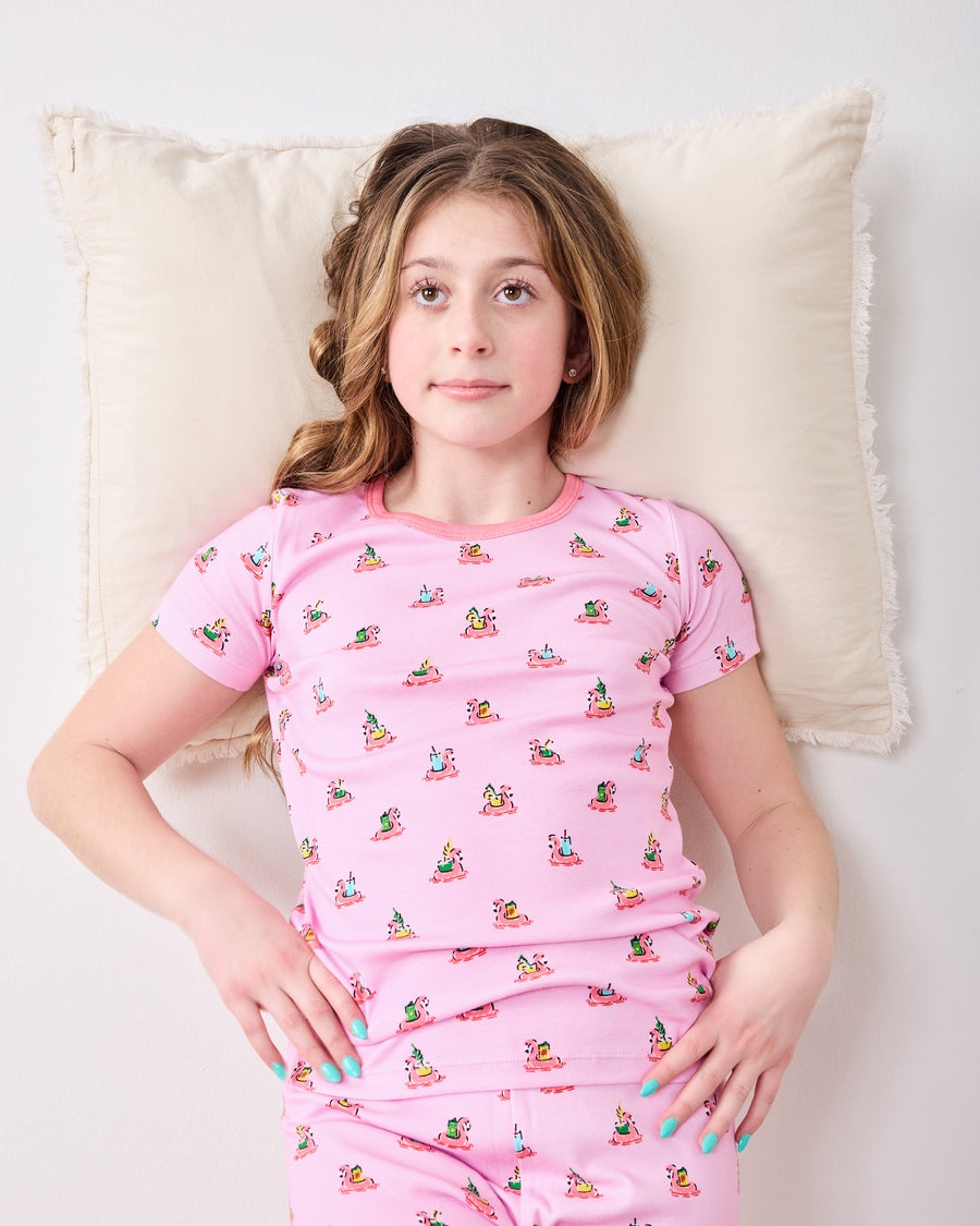 Front view of the pink Flamingo Floaties short-sleeve pajama top and matching pants