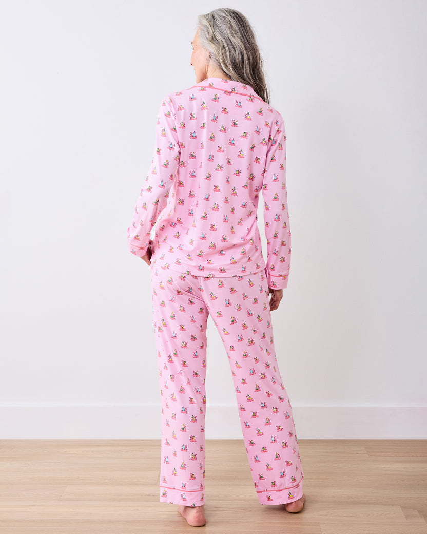 Full-length back view of a model wearing the pink Flamingo Floaties long pajama set