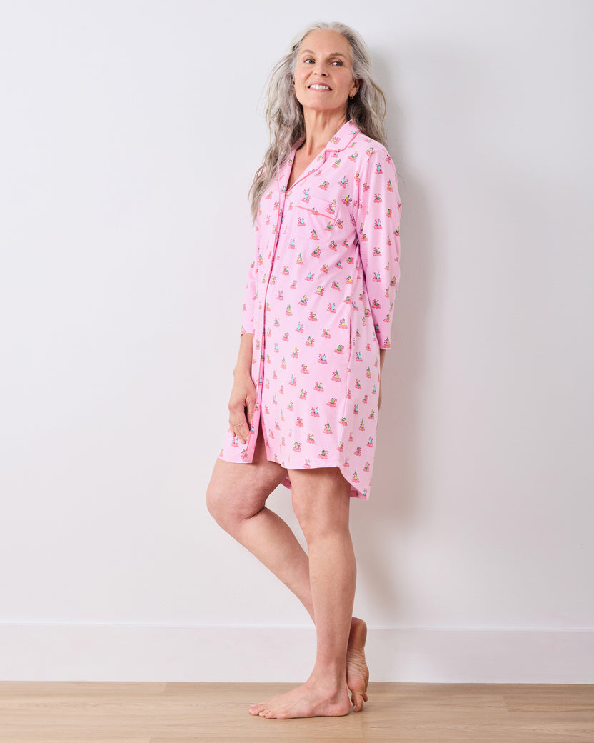 Full-length side view of the pink Flamingo Floaties sleep shirt