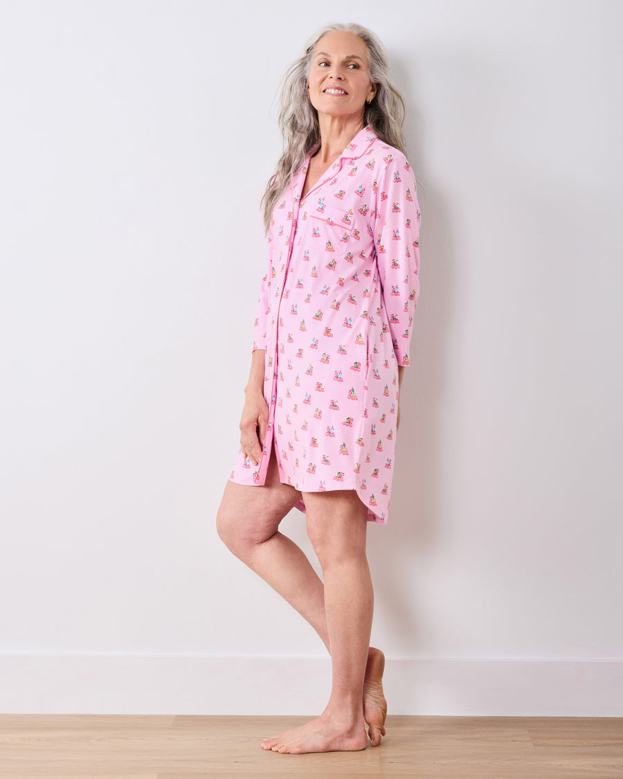 Full-length side view of the pink Flamingo Floaties sleep shirt