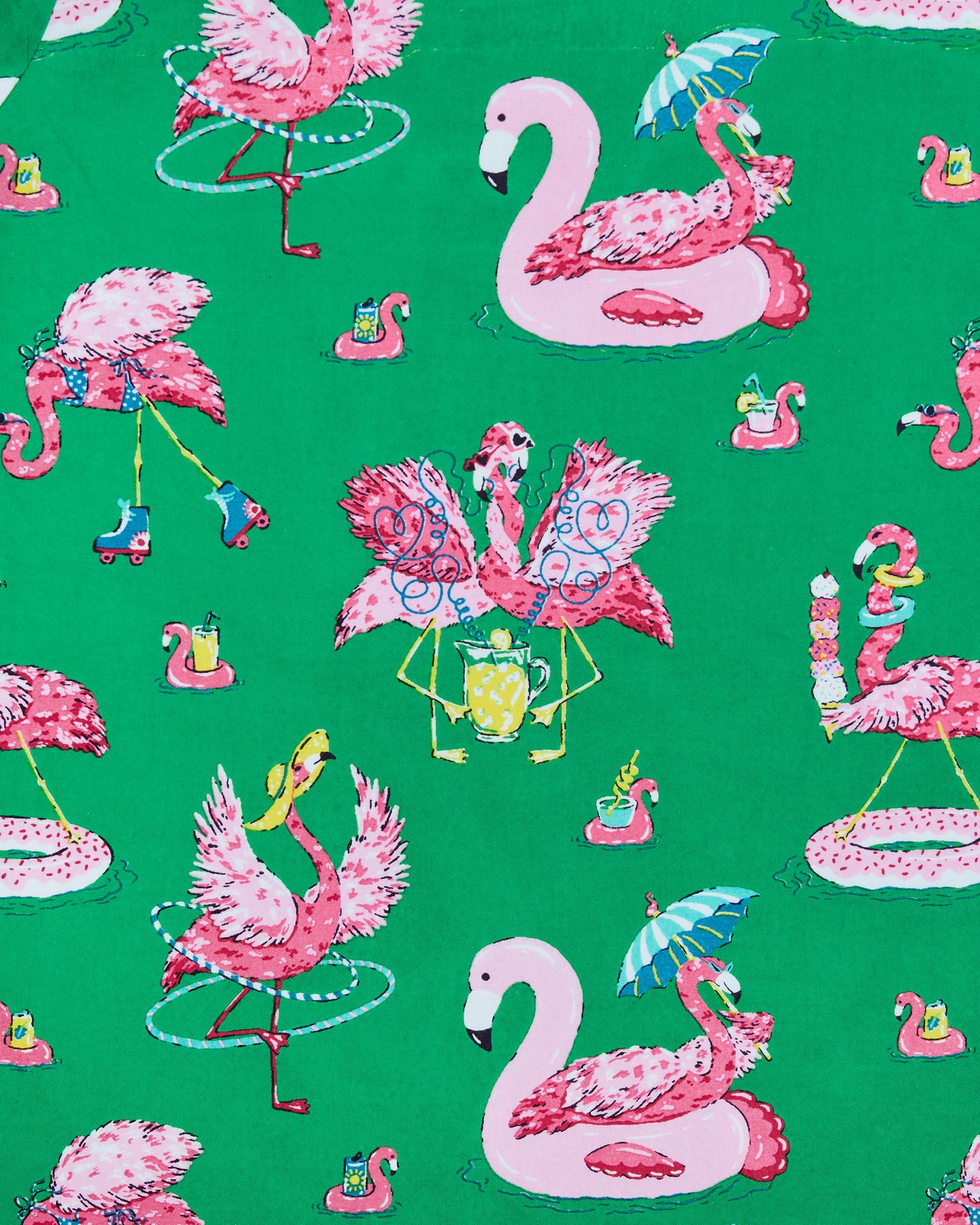 Palm Frond print with pink flamingos roller-skating, hula-hooping, floating, and holding drinks