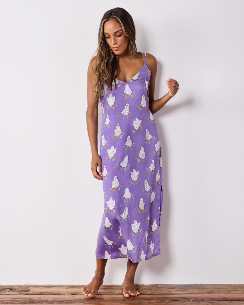 Full-length front view of a purple ghost-and-floral print nightie with a side slit