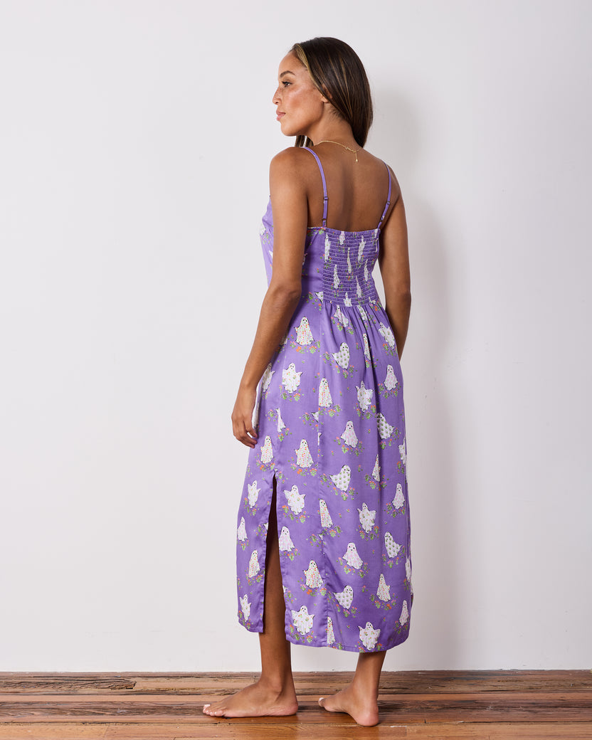 Back view of the purple ghost-print nightie showing the smocked back and side slit